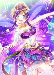 Rule 34 | 1girl, :o, absurdres, blush, bug, butterfly, butterfly wings, commentary request, fairy, feathers, flower, flower necklace, green eyes, hair bun, hair up, highres, hina (hinalovesugita), insect, insect wings, jewelry, long hair, looking at viewer, love live!, love live! school idol festival, love live! school idol project, necklace, pointy ears, purple hair, purple skirt, shawl, sidelocks, single hair bun, skirt, solo, tojo nozomi, wings