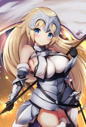 Rule 34 | 1girl, bare shoulders, black gloves, blonde hair, blue eyes, blush, breasts, cisyo, closed mouth, fate/apocrypha, fate (series), gloves, headpiece, highres, jeanne d&#039;arc (fate), jeanne d&#039;arc (ruler) (fate), jeanne d&#039;arc (third ascension) (fate), large breasts, long hair, looking at viewer, polearm, smile, solo, sword, weapon