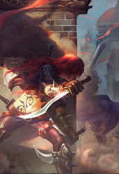 Rule 34 | 1girl, absurdres, armlet, blade, dual wielding, garen (league of legends), highres, holding, hung wan yu, katarina (league of legends), league of legends, long hair, midriff, navel, peeking out, red hair, signature, spiked armlet, sword, tattoo, weapon