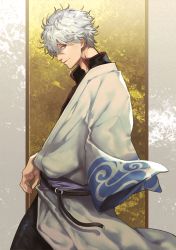 Rule 34 | 1boy, absurdres, black pants, black shirt, closed mouth, commentary request, from side, gintama, grey hair, hadanugi dousa, hair between eyes, highres, japanese clothes, kimono, looking at viewer, looking to the side, male focus, open clothes, open kimono, pants, profile, red eyes, riz3, sakata gintoki, shirt, smile, solo, white kimono