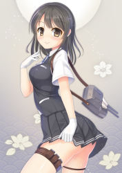 Rule 34 | 10s, 1girl, ass, black hair, black skirt, blouse, brown eyes, collared shirt, cowboy shot, from side, gloves, hair ornament, hairclip, highres, kantai collection, long hair, looking at viewer, machinery, miniskirt, oyashio (kancolle), pleated skirt, school uniform, shirt, skirt, skirt hold, smile, solo, thigh strap, turret, umitonakai, vest, white gloves, white shirt