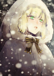Rule 34 | 1boy, blonde hair, bow, brown bow, coat, code:realize, finis, green eyes, highres, hood, hooded coat, hoshi no pon, male focus, night, open mouth, outdoors, snowing, solo