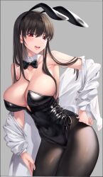 Rule 34 | 1girl, absurdres, animal ears, bare shoulders, black leotard, blush, bow, bowtie, breasts, brown hair, brown pantyhose, cleavage, collarbone, covered navel, detached collar, dress shirt, fake animal ears, fake tail, highleg, highleg leotard, highres, kei (soundcross), large breasts, leotard, long hair, long sleeves, looking at viewer, off shoulder, open clothes, open mouth, open shirt, original, pantyhose, playboy bunny, rabbit ears, rabbit tail, red eyes, shirt, smile, solo, tail, thighs, white shirt