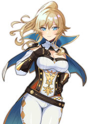 Rule 34 | 1girl, belt, black belt, black gloves, blonde hair, blue capelet, blue eyes, blush, breasts, caitlyn0104, capelet, cleavage, commentary, cowboy shot, detached sleeves, genshin impact, gloves, gluteal fold, hair between eyes, hand on own hip, hand on own chest, highres, jean (genshin impact), large breasts, leggings, long hair, looking at viewer, pants, ponytail, shirt, simple background, smile, solo, standing, strapless, strapless shirt, thighs, white background, white pants