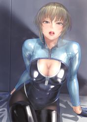 Rule 34 | 1girl, black gloves, black pantyhose, blonde hair, blush, bodysuit, breasts, brown eyes, cleavage, covered erect nipples, covered navel, gloves, highres, kilye kairi, latex, latex bodysuit, looking at viewer, medium breasts, open mouth, original, pantyhose, short hair, shrug (clothing), skin tight, smile, solo, steam, sweat, tongue, tongue out