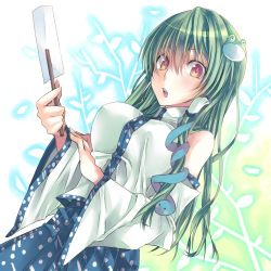 Rule 34 | 1girl, bare shoulders, blue skirt, breasts, detached sleeves, covered erect nipples, frog hair ornament, gohei, green hair, hair ornament, hand on hand, holding, japanese clothes, kochiya sanae, large breasts, long hair, looking at viewer, lowres, miko, naririnn, oonusa, open mouth, orange eyes, skirt, skirt set, snake hair ornament, solo, touhou, wide sleeves