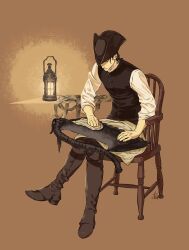 Rule 34 | 1boy, arizuka (catacombe), bandages, black hair, black vest, bloodborne, boots, brown background, brown footwear, brown headwear, buttons, chair, cleaning, closed eyes, closed mouth, commentary request, crossed legs, facing down, hat, highres, hunter (bloodborne), knee boots, lamp, long sleeves, male focus, saw, saw cleaver, shirt, shoes, short hair, signature, sitting, tricorne, vest, white shirt