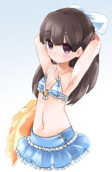 Rule 34 | 1girl, arms up, bikini, blush, bow, brown hair, child, clothes in mouth, female focus, flat chest, gradient background, hair bow, long hair, looking at viewer, naik, navel, ponytail, purple eyes, skirt, solo, swimsuit, white background