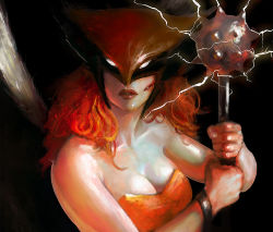 Rule 34 | 1girl, alien, blood, breasts, cleavage, dc comics, electricity, female focus, hawkgirl, mace, mask, orange hair, solo, strapless, weapon, wings