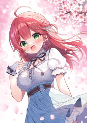 Rule 34 | 1girl, :d, ahoge, belt, black belt, black ribbon, blue sky, blush, braid, branch, breasts, bridal gauntlets, commentary, earrings, flower, flower earrings, green eyes, hair between eyes, hand up, high-waist skirt, highres, hololive, jewelry, long hair, looking at viewer, mauve, medium breasts, neck ribbon, official alternate costume, open mouth, pink flower, pleated skirt, puffy short sleeves, puffy sleeves, red hair, ribbon, sakura miko, sakura miko (7th costume), shirt, short sleeves, skirt, sky, smile, solo, striped clothes, striped skirt, vertical-striped clothes, vertical-striped skirt, virtual youtuber, white shirt