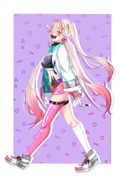Rule 34 | 1girl, asymmetrical legwear, blonde hair, breasts, collar, full body, gloves, goddess of victory: nikke, heart, heart tattoo, highres, jackal (nikke), jacket, low twintails, medium breasts, multicolored hair, open clothes, open jacket, open mouth, pink gloves, pink hair, pink ribbon, red eyes, ribbon, shorts, side ponytail, sidelocks, solo, spiked collar, spikes, sports bra, tattoo, twintails, two-sided fabric, two-sided jacket, two-tone gloves, user ntwn8245