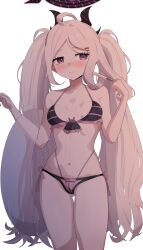 Rule 34 | 1girl, 3:, absurdres, ahoge, alternate costume, alternate hairstyle, backlighting, bikini, black bikini, blue archive, blush, breasts, cleavage, collarbone, commentary request, cowboy shot, demon girl, demon horns, domiansfw, dripping, food, forehead, hair ornament, hairclip, halo, highres, hina (blue archive), holding, holding food, holding popsicle, horns, long hair, looking at viewer, navel, parted bangs, popsicle, purple eyes, sidelocks, simple background, small breasts, solo, spaghetti strap, stomach, striped bikini, striped clothes, sweat, swimsuit, transparent innertube, twintails, wavy hair, white background, white hair