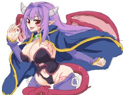 Rule 34 | 1girl, alma elma, artist request, breast tattoo, breasts, cape, cleavage, demon girl, female focus, horns, huge breasts, long hair, looking at viewer, mon-musu quest!, monster girl, pointy ears, purple hair, red eyes, revealing clothes, shiny skin, smile, solo, tail, tattoo, thong, wings