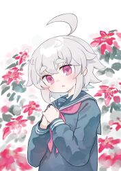 Rule 34 | 1girl, :o, ahoge, blue sailor collar, blue shirt, blush, commentary request, floral background, flower, grey hair, hair between eyes, hands up, highres, kibisake, looking at viewer, neckerchief, original, own hands together, parted lips, pink eyes, pink neckerchief, red flower, sailor collar, school uniform, serafuku, shirt, short eyebrows, solo, thick eyebrows, torii koyomi, upper body
