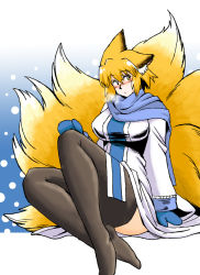 Rule 34 | 1girl, animal ears, azuki osamitsu, black thighhighs, blonde hair, blush, breasts, crossed ankles, dress, female focus, fox ears, fox tail, large breasts, mittens, multiple tails, no shoes, scarf, short hair, sitting, snow, solo, tail, thighhighs, touhou, winter clothes, yakumo ran, yellow eyes