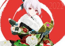 Rule 34 | 1girl, 1other, 2022, character request, closed mouth, dinergate (girls&#039; frontline), fingerless gloves, fur-trimmed kimono, fur trim, girls&#039; frontline, gloves, hair ribbon, happy new year, ingerdoll, japanese clothes, kimono, long hair, looking at viewer, new year, red eyes, ribbon, silver hair, upper body