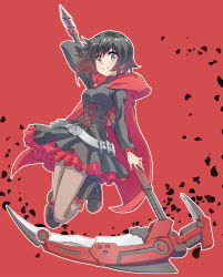 Rule 34 | 1girl, black hair, cape, crescent rose, female focus, full body, streaked hair, highres, iesupa, multicolored hair, pantyhose, petals, red background, red hair, ruby rose, rwby, grey eyes, solo