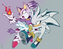 Rule 34 | 1boy, 1girl, blaze the cat, commentary, english commentary, fire, furry, furry female, furry male, gabs sam, glaring, gloves, silver the hedgehog, simple background, sonic (series), tail, white gloves, yellow eyes
