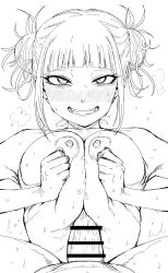 Rule 34 | 1boy, 1girl, absurdres, bags under eyes, bar censor, blunt bangs, blush, boku no hero academia, breasts, breasts squeezed together, censored, double bun, greyscale, hair bun, hetero, highres, kaiman garupan, large breasts, looking at viewer, messy hair, monochrome, nipples, paizuri, penis, pov, sidelocks, speech bubble, sweat, toga himiko, tongue, tongue out