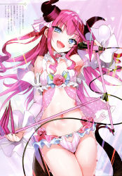 Rule 34 | 1girl, absurdres, adapted costume, bra, breasts, cleavage, dragon horns, dragon tail, elizabeth bathory (fate), elizabeth bathory (fate/extra ccc), elizabeth bathory (third ascension) (fate), fang, fate/extra, fate/extra ccc, fate (series), flower, highres, horns, huge filesize, lingerie, long hair, looking at viewer, microphone, microphone stand, navel, negligee, nekometaru, open mouth, panties, pink bra, pink flower, pink panties, pink rose, pointy ears, red hair, rose, see-through, small breasts, smile, solo, striped clothes, striped panties, tail, underwear, vertical-striped clothes, vertical-striped panties