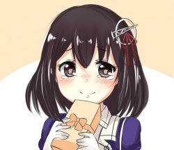 Rule 34 | 10s, 1girl, bad id, bad pixiv id, black hair, blush, box, brown eyes, commentary request, gift, gift box, gloves, haguro (kancolle), hair ornament, kantai collection, omochi (rimulovemiku), short hair, smile, solo, tears, white day