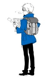 Rule 34 | 1boy, backpack, bag, black footwear, black pants, blue jacket, closed mouth, cup, from behind, full body, holding, holding cup, jacket, kurokeisin, long sleeves, male focus, map, original, pants, partially colored, profile, shoes, simple background, solo, standing, white background
