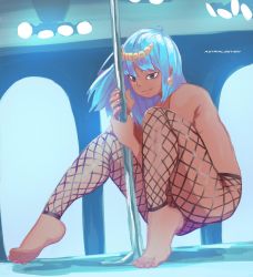 Rule 34 | 1boy, artist name, ass, astralseven, barefoot, blue hair, commentary, commission, copyright request, crossdressing, dark-skinned male, dark skin, earrings, english commentary, feet, fingernails, fishnet legwear, fishnets, from side, hair ornament, highres, jewelry, long hair, looking at viewer, male focus, nail polish, nude, pink nails, pole, smile, stage lights, stripper, stripper pole, toes, trap