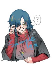 Rule 34 | 1girl, ?, black jacket, blue hair, bocchi the rock!, commentary, commentary request, english commentary, glasses, holding, holding pen, jacket, jewelry, leaf, long sleeves, looking at viewer, medium hair, mixed-language commentary, mole, mole under eye, mouth hold, necklace, open clothes, open jacket, parted lips, pen, red sweater, sample watermark, shinota12, solo, spoken question mark, stalk in mouth, sweater, turtleneck, turtleneck sweater, upper body, watermark, yamada ryo, yellow eyes
