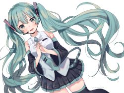 Rule 34 | 1girl, artist name, bare shoulders, black skirt, black thighhighs, blue eyes, blue hair, blue nails, blue necktie, blush, breasts, cowboy shot, curly hair, detached sleeves, dutch angle, fingernails, fingers together, floating hair, hair between eyes, hanako151, hatsune miku, headset, long hair, looking at viewer, medium breasts, nail polish, necktie, open mouth, pleated skirt, shirt, shoulder tattoo, signature, simple background, skirt, sleeveless, sleeveless shirt, smile, solo, tattoo, thighhighs, twintails, very long hair, vocaloid, white background, white shirt, zettai ryouiki