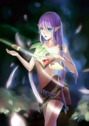 Rule 34 | 1girl, absurdres, bad id, bad pixiv id, blue eyes, breasts, canzhajiang, female focus, highres, long hair, magic, medium breasts, navel, original, pointy ears, ponytail, purple hair, skirt, solo, staff, very long hair