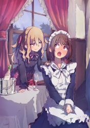 Rule 34 | 2girls, apron, blush, bottle, brown eyes, brown hair, bucket, champagne flute, commentary, cup, drinking glass, drunk, highres, indoors, kagawa yuusaku, long hair, looking at another, maid, maid apron, maid headdress, multiple girls, open mouth, original, short hair, sitting, smile, two side up, window
