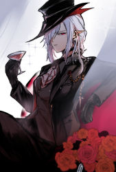 Rule 34 | 1girl, arknights, ascot, black choker, black gloves, black headwear, black pants, black suit, boots, bouquet, choker, commentary, cup, drinking glass, earrings, english commentary, flower, formal, gladiia (arknights), gloves, grey shirt, hair over one eye, happy birthday, highres, holding, holding cup, jewelry, long sleeves, looking at viewer, medium hair, open clothes, pants, parted lips, red eyes, red flower, red rose, rose, shirt, silver hair, sitting, solo, sparkle, suit, wandering sarkaz, white ascot, wine glass