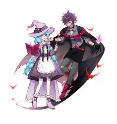 Rule 34 | 1boy, 1girl, absurdres, alternate costume, alternate hairstyle, apron, bat (animal), belt, black cape, black gloves, blue hair, book, boots, braid, cape, collared shirt, dark-skinned male, dark skin, dress, fangs, fire, floating, floating object, full body, gloves, grey pants, grey shirt, grimoire, hair over one eye, halloween costume, hands up, hat, highres, holding, holding wand, idol land pripara, katasumi amari, long hair, long sleeves, mario (pripara), open mouth, pants, pentagram, pink eyes, pleated dress, pointy ears, pretty series, pripara, purple cape, purple dress, purple hat, red belt, red eyes, red footwear, shirt, short hair, smile, standing, torn cape, torn clothes, torn pants, twin braids, vampire, very long hair, wand, white apron, witch, witch hat, zhou (suzusuz57561619)