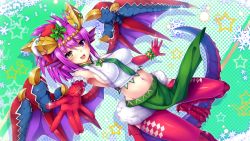 Rule 34 | 1girl, bare shoulders, breasts, christmas, claws, dragon girl, dragon horns, dragon tail, dragon wings, elbow gloves, fins, fur trim, gloves, hair ornament, head fins, heterochromia, highres, horns, looking at viewer, midriff, navel, necktie, outstretched arms, pelvic curtain, purple eyes, purple hair, puzzle &amp; dragons, red gloves, red thighhighs, samoore, shadow, shirt, sideboob, snowflakes, solo, sonia (p&amp;d), star (symbol), tail, taut clothes, taut shirt, thighhighs, wings, yellow eyes