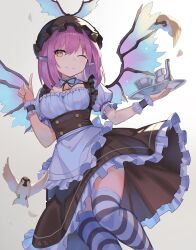 Rule 34 | 1girl, alternate costume, animal, animal ears, apron, bird, bird wings, black ribbon, breasts, brown dress, brown hat, closed mouth, commentary request, cup, detached sleeves, dress, enmaided, falken (yutozin), gradient wings, hat, highres, holding, light smile, long hair, looking at viewer, maid, medium breasts, multicolored wings, mystia lorelei, neck ribbon, one eye closed, photoshop (medium), pink hair, puffy short sleeves, puffy sleeves, revision, ribbon, short sleeves, simple background, solo, sparrow, striped clothes, striped thighhighs, thighhighs, touhou, tray, underbust, waist apron, white thighhighs, wings, wrist cuffs, yellow eyes