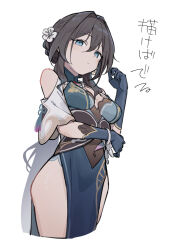 Rule 34 | 1girl, bare shoulders, bead necklace, beads, black hair, blue eyes, blue gloves, breasts, commentary request, covered navel, cropped legs, detached sleeves, dress, flower, gloves, hair between eyes, hair flower, hair ornament, healthyman, honkai: star rail, honkai (series), jewelry, looking at viewer, medium breasts, necklace, parted lips, pelvic curtain, ruan mei (honkai: star rail), simple background, solo, white background, white flower