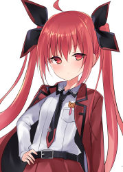 Rule 34 | 1girl, absurdres, ahoge, belt, black necktie, black ribbon, blush, breast pocket, closed mouth, coat, collared shirt, date a live, frown, hair between eyes, hair ribbon, hand on own hip, highres, itsuka kotori, jacket, jacket on shoulders, long hair, looking at viewer, natsu (sinker8c), necktie, open clothes, open coat, pocket, red coat, red eyes, red hair, ribbon, shirt, shirt tucked in, sidelocks, simple background, solo, twintails, upper body, v-shaped eyebrows, white background, white shirt, wing collar