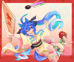 Rule 34 | 2girls, :d, @ @, ahoge, alternate costume, animal ears, aqua hair, blue eyes, blue hair, blush, border, bow, commentary request, crossed bangs, crossover, curled fingers, facepaint, floral print, floral print kimono, furisode, green kimono, hagoita, hair between eyes, hair bow, hair ornament, hair ribbon, hands up, hane (hanetsuki), hanetsuki, heterochromia, highres, holding, holding paddle, horse ears, horse girl, horse tail, idolmaster, idolmaster cinderella girls, japanese clothes, kimono, long hair, long sleeves, monmonmur, multicolored hair, multiple girls, murakami tomoe, new year, obi, open mouth, outside border, outstretched arm, paddle, print kimono, purple eyes, red border, red hair, ribbon, sash, sharp teeth, short hair, sidelocks, sleeves past elbows, smile, sparkle, striped, striped bow, tail, teeth, twin turbo (umamusume), twintails, twitter username, two-tone hair, umamusume, upper teeth only, very long hair, voice actor connection, wide sleeves, x, yellow kimono