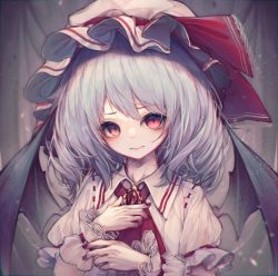 Rule 34 | 1girl, ascot, bat wings, blue hair, brooch, commentary, hand on own chest, hat, hat ribbon, highres, hito komoru, jewelry, looking at viewer, mob cap, puffy short sleeves, puffy sleeves, red ascot, red eyes, red ribbon, remilia scarlet, ribbon, short hair, short sleeves, smile, solo, symbol-only commentary, touhou, upper body, white hat, wings, wrist cuffs