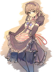 Rule 34 | 1girl, alternate costume, apron, black dress, black gloves, black thighhighs, bow, brown eyes, brown hair, closed mouth, clothes lift, dress, dress lift, elbow gloves, ginnkei, gloves, highres, lifting own clothes, looking at viewer, maid headdress, purple bow, short hair, short sleeves, smile, solo, thighhighs, touhou, tsukumo yatsuhashi, waist apron, white apron