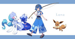 Rule 34 | 1girl, banned artist, bare arms, black footwear, blue eyes, blue hair, blue pants, blue sailor collar, character name, closed mouth, commentary request, creatures (company), eevee, fishing rod, forgotten artist, full body, game freak, gen 1 pokemon, gen 7 pokemon, hairband, highres, holding, holding fishing rod, lana (pokemon), nintendo, one-piece swimsuit, pants, pokemon, pokemon (anime), pokemon (creature), pokemon sm (anime), primarina, sailor collar, sandals, shirt, short hair, sleeveless, sleeveless shirt, smile, standing, swimsuit, swimsuit under clothes, toes, white shirt, yellow hairband