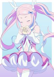 Rule 34 | 1girl, bare shoulders, blue background, blue bow, blue hair, bow, bread, closed eyes, closed mouth, commentary request, derivative work, detached sleeves, eating, facing viewer, food, forehead, hair bow, hair ornament, highres, holding, holding food, long hair, long sleeves, magical girl, magical pink (sasaki to p-chan), multicolored hair, navel, pink hair, pink skirt, puffy long sleeves, puffy sleeves, rabbit hair ornament, sasaki to p-chan, skirt, sleeves past wrists, solo, streaked hair, swept bangs, twintails, two-tone background, v-shaped eyebrows, very long hair, white background, white sleeves, yutsuki warabi