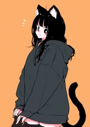 Rule 34 | 1girl, animal ear fluff, animal ears, black cat, black hair, black hoodie, blush stickers, cat, cat ears, cat girl, cat tail, closed mouth, commentary request, cowboy shot, highres, hood, hood down, hoodie, long hair, long sleeves, looking at viewer, megateru, notice lines, orange background, original, puffy long sleeves, puffy sleeves, simple background, sleeves past wrists, smile, solo, standing, tail