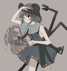 Rule 34 | 1girl, animal ears, arm up, bare arms, basket, capelet, dowsing rod, dress, eyebrows, grey dress, grey hair, hand on forehead, jewelry, looking afar, map, mouse (animal), mouse ears, mouse tail, nazrin, oshouyu tabetai, pendant, sleeveless, solo, squinting, tail, touhou