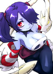 Rule 34 | 1girl, alternate breast size, blue hair, blue skin, blush, breasts, cleavage, colored skin, detached collar, detached sleeves, downblouse, dress, from above, hair over one eye, large breasts, leviathan (skullgirls), looking at viewer, mtk hoshi, red eyes, side ponytail, skullgirls, solo, squigly (skullgirls), stitched mouth, stitches, striped sleeves, undead, white background, zombie