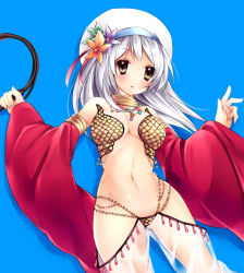 Rule 34 | 1girl, bare shoulders, bikini, blush, breasts, brown eyes, cleavage, detached sleeves, female focus, gypsy (ragnarok online), hat, jewelry, navel, necklace, ragnarok online, see-through, silver hair, simple background, solo, sorai shin&#039;ya, swimsuit, whip