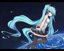 Rule 34 | 1girl, aqua eyes, aqua hair, blush, breasts, detached sleeves, earth (planet), female focus, floating, floating hair, hatsune miku, hayabusa (spacecraft), headphones, headset, highres, letterboxed, long hair, md5 mismatch, necktie, planet, resolution mismatch, satellite, sei000, skirt, smile, solo, source larger, space, spacecraft, striped clothes, striped thighhighs, thighhighs, twintails, very long hair, vocaloid
