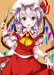 Rule 34 | 1girl, ascot, blue eyes, bow, braid, brown background, collared shirt, cosplay, crystal, flandre scarlet, flandre scarlet (cosplay), hair bow, hat, hat ribbon, highres, holding, holding knife, izayoi sakuya, knife, looking at viewer, mob cap, open mouth, red bow, red ribbon, red skirt, red vest, ribbon, ruu (tksymkw), shirt, short sleeves, side braids, silver hair, simple background, skirt, smile, solo, standing, touhou, twin braids, vest, white hat, white shirt, wings, wrist cuffs, yellow ascot