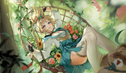 Rule 34 | 1991 (blz), 1girl, animal, arm up, black gloves, blonde hair, blue eyes, blue skirt, blurry, blurry foreground, breasts, chest sarashi, fingerless gloves, floating hair, flower, gloves, hair ornament, haori, highres, hololive, japanese clothes, kazama iroha, leaf hair ornament, long hair, looking at viewer, parted lips, pokobee, ponytail, sarashi, shrug (clothing), signature, skirt, smile, swing, tanuki, thighhighs, twitter username, virtual youtuber, white thighhighs, wide sleeves