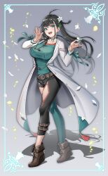 Rule 34 | absurdres, ahoge, asymmetrical pants, belt, black hair, boots, bow, braid, breasts, collarbone, flower, full body, gradient background, green eyes, highres, holding, holding stethoscope, indie virtual youtuber, lab coat, large breasts, leaf, lily (flower), long hair, one eye closed, open mouth, pants, stethoscope, suishougensou, suzumori anesu, tight clothes, tight pants, virtual youtuber